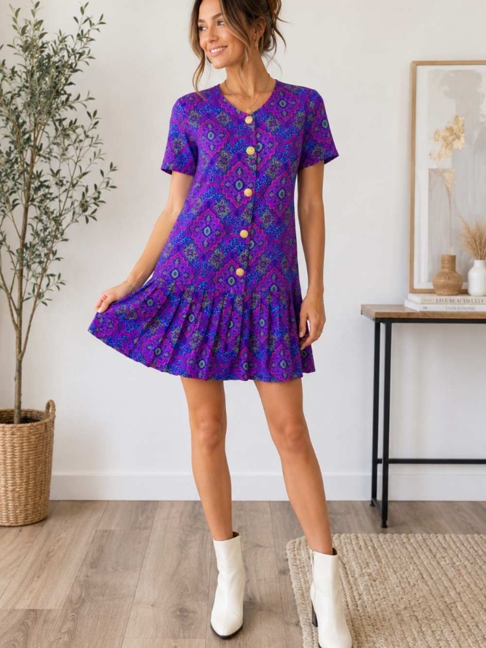Leslie Fay VintageRetro Dress Size 12 Petite Polyester Purple Geometric Pleated